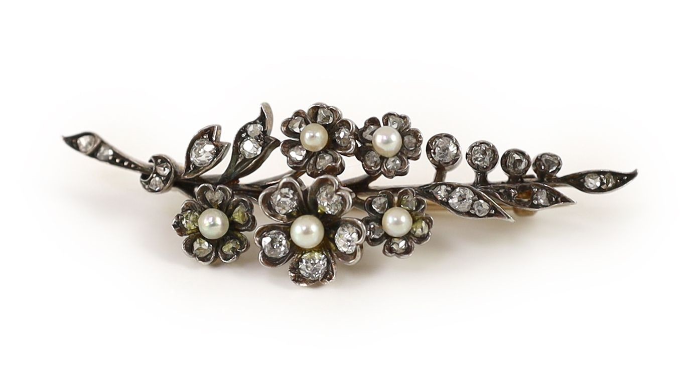 A Victorian gold, silver, diamond and seed pearl set spray brooch
